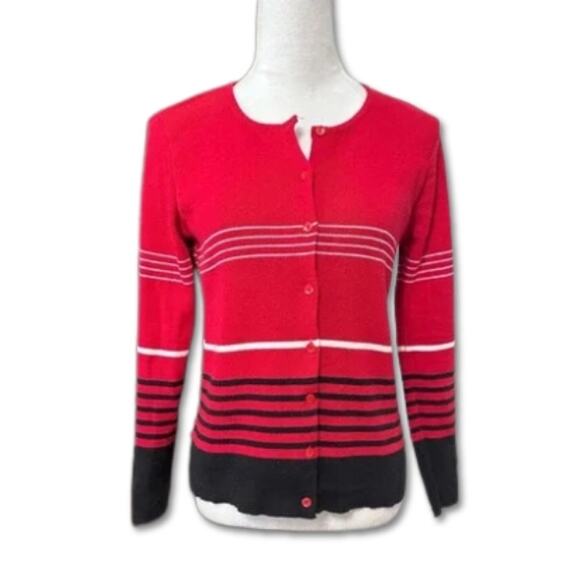 Rafaella Cardigan Sweater Cotton Blend Knit Button Front Closure Striped Red W S - Picture 1 of 7